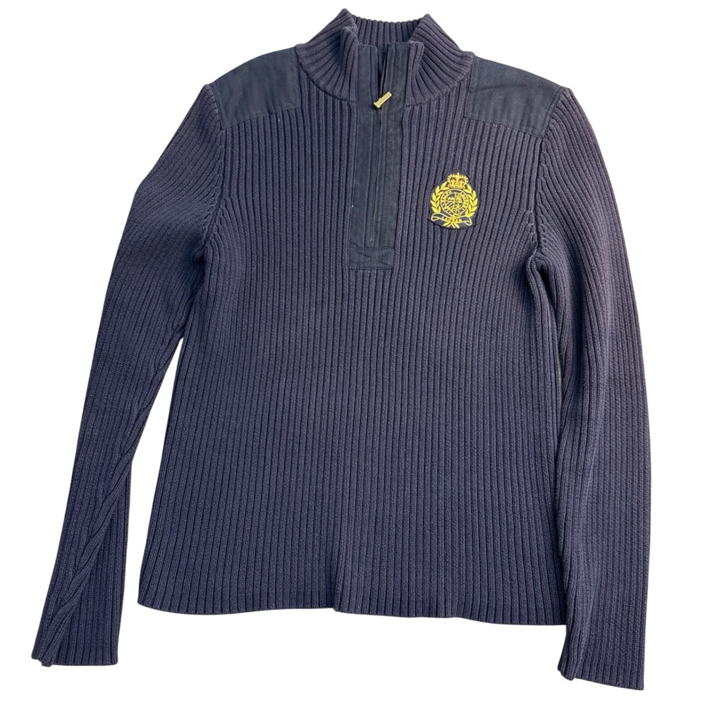 Lauren Ralph Lauren Navy Blue Ribbed Cotton Quarter Zip Crest Sweater XL